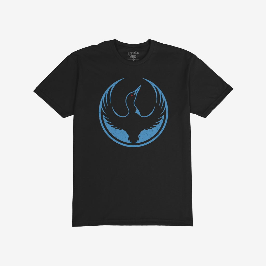 Minnesota Rebel Alliance T-shirt featuring a stylized blue loon graphic with raised wings, enclosed by a thin blue ring. The crew-neck design symbolizes non-neutrality, fitting for everyday wear or protest.