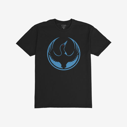 Minnesota Rebel Alliance T-shirt featuring a stylized blue loon graphic with raised wings, enclosed by a thin blue ring. The crew-neck design symbolizes non-neutrality, fitting for everyday wear or protest.