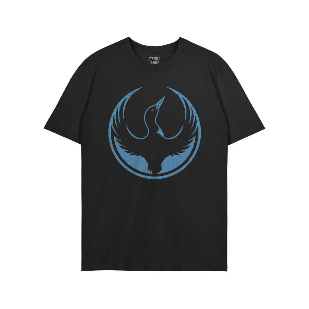 Minnesota Rebel Alliance T-shirt featuring a stylized blue loon graphic with raised wings, enclosed by a thin blue ring. The 