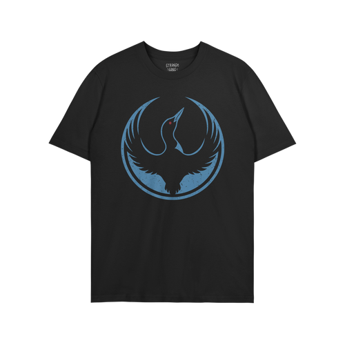 Minnesota Rebel Alliance T-shirt featuring a stylized blue loon graphic with raised wings, enclosed by a thin blue ring. The 