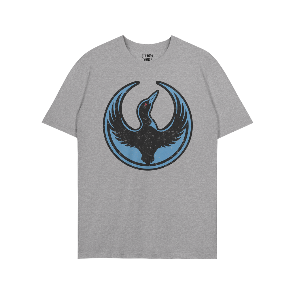 Heather-gray Minnesota Rebel Alliance T-shirt featuring a stylized loon emblem with wings raised and a red eye, symbolizing b