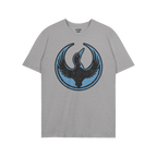 Heather-gray Minnesota Rebel Alliance T-shirt featuring a stylized loon emblem with wings raised and a red eye, symbolizing b