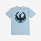 Minnesota Rebel Alliance T-shirt in light-blue, features a distressed graphic with a black loon emblem in a vintage style, symbolizing defiance and unity. Perfect for expressing bold statements.