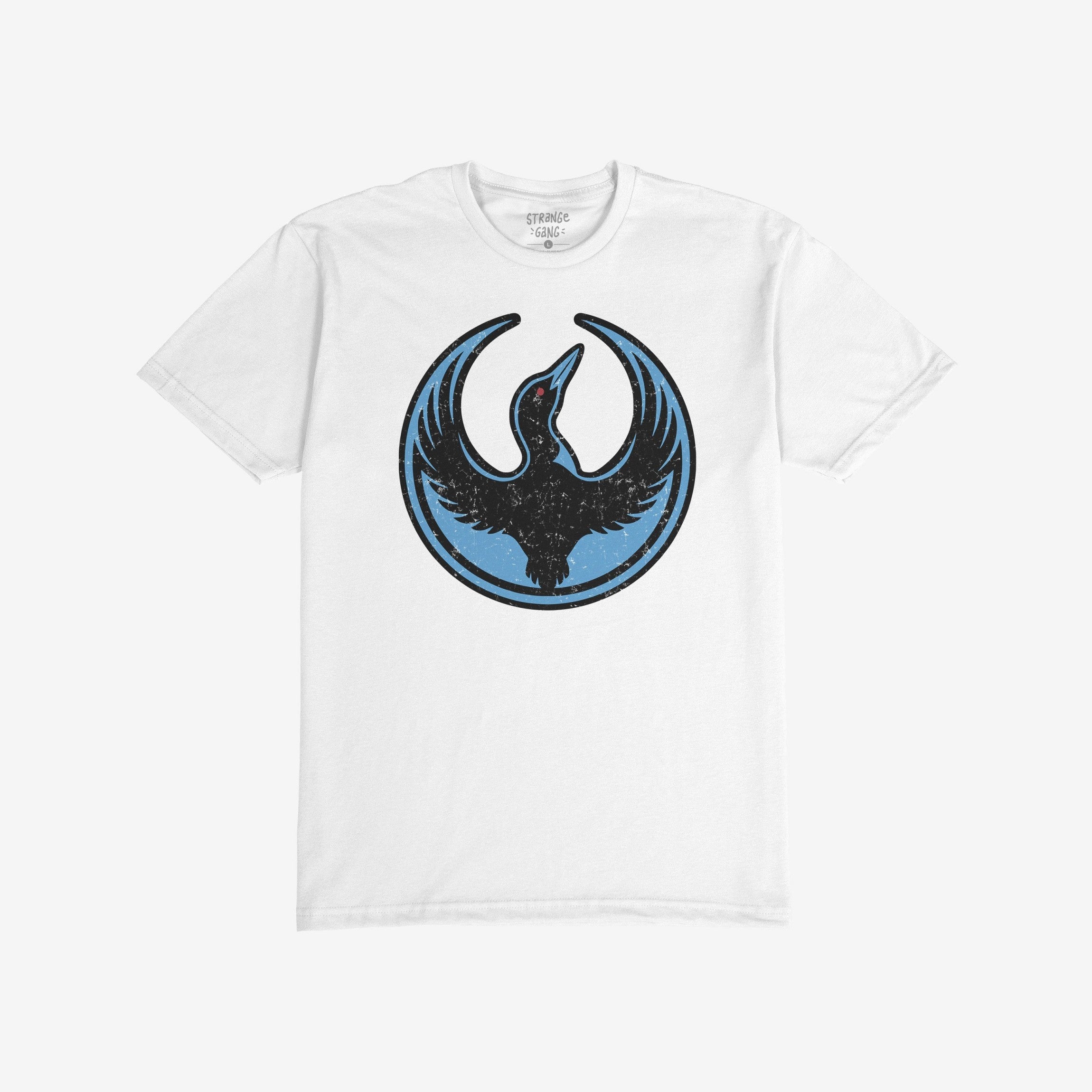Minnesota Rebel Alliance T-shirt showcasing a distressed circular badge with a black loon and red eye on a blue background, embodying bold rebellion. Perfect for those who proudly stand for equality and justice.