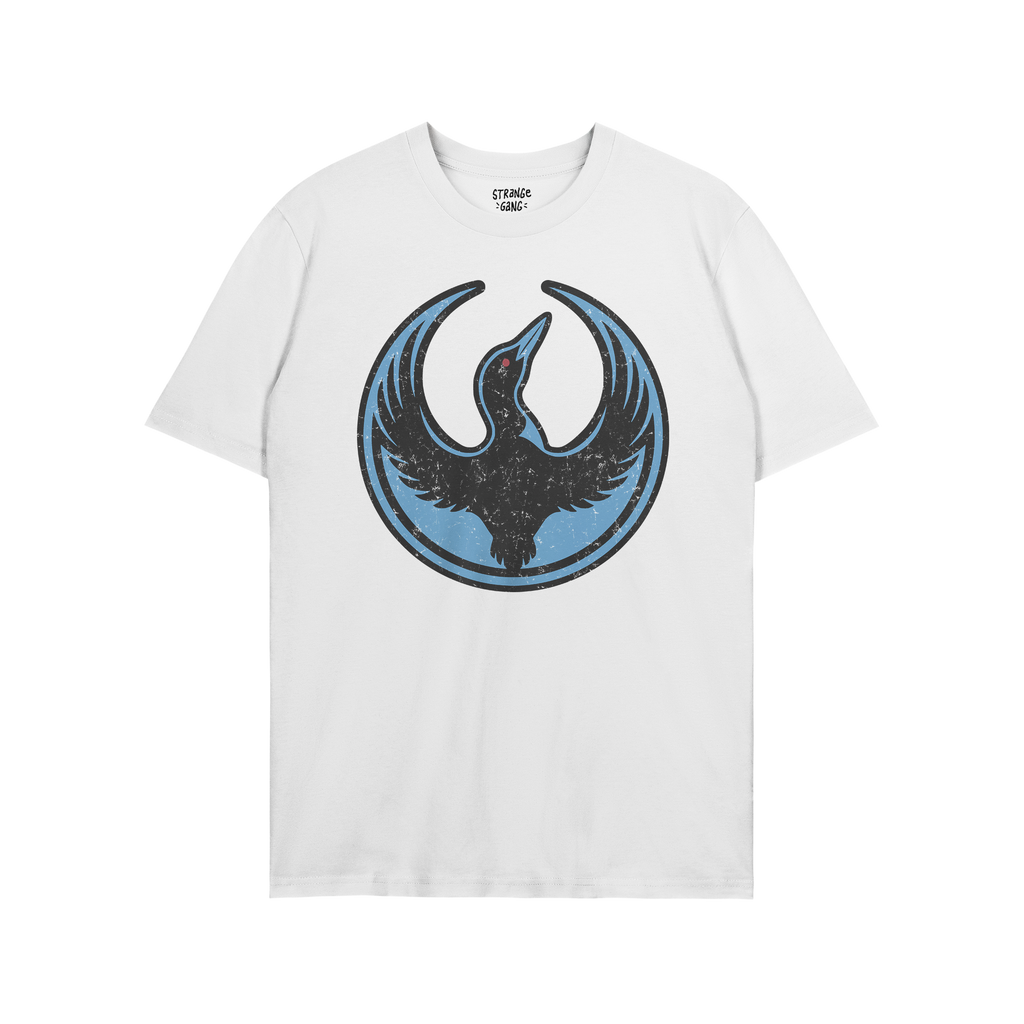 Minnesota Rebel Alliance T-shirt showcasing a distressed circular badge with a black loon and red eye on a blue background, e