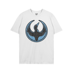 Minnesota Rebel Alliance T-shirt showcasing a distressed circular badge with a black loon and red eye on a blue background, e