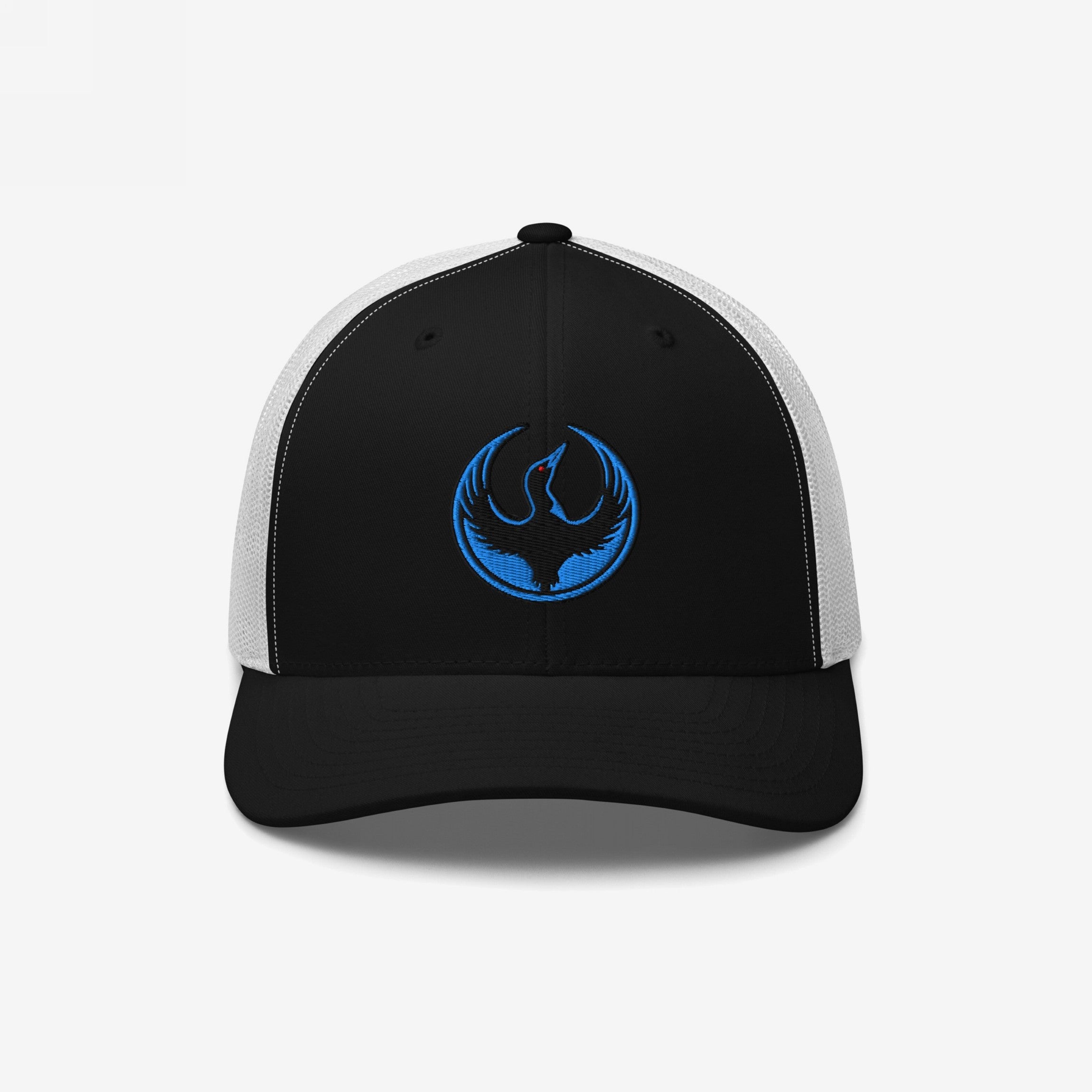 The Minnesota Rebel Alliance Hat features a black-front/white-mesh back design with a circular logo of a stylized blue phoenix, symbolizing support for immigrant rights and anti-fascism.