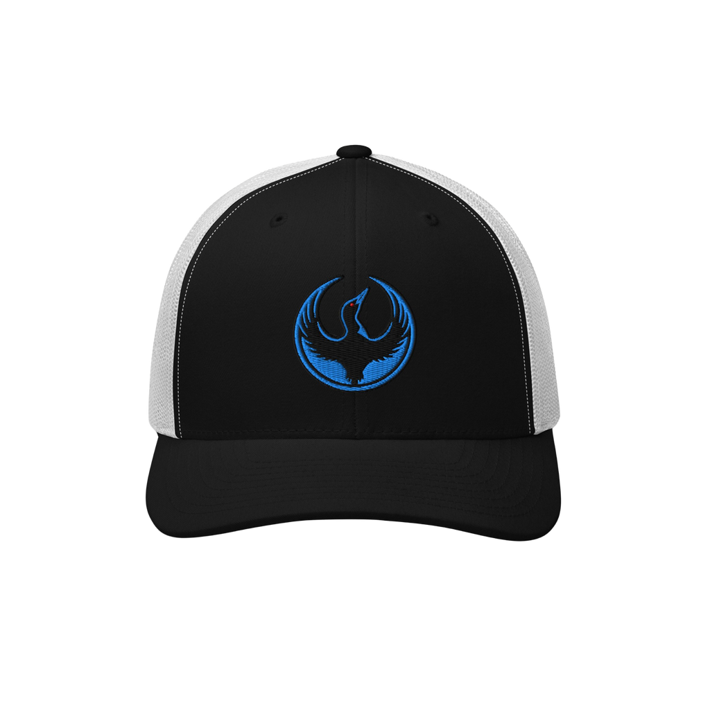 The Minnesota Rebel Alliance Hat features a black-front/white-mesh back design with a circular logo of a stylized blue phoeni