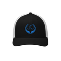 The Minnesota Rebel Alliance Hat features a black-front/white-mesh back design with a circular logo of a stylized blue phoeni