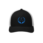 The Minnesota Rebel Alliance Hat features a black-front/white-mesh back design with a circular logo of a stylized blue phoeni