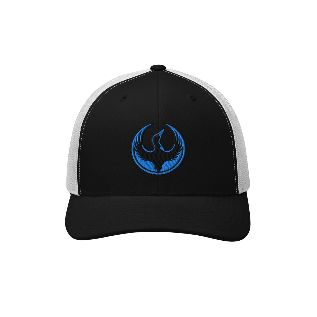The Minnesota Rebel Alliance Hat features a black-front/white-mesh back design with a circular logo of a stylized blue phoeni