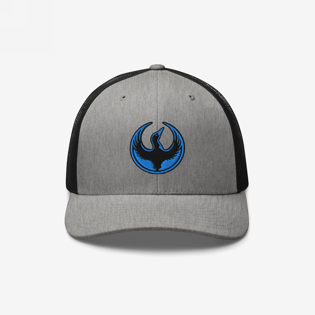 Minnesota Rebel Alliance Hat: gray-and-black trucker cap featuring a stylized phoenix emblem, symbolizing resistance and community support, with a black outline, blue accents, and a red eye.