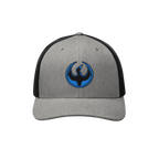 Minnesota Rebel Alliance Hat: gray-and-black trucker cap featuring a stylized phoenix emblem, symbolizing resistance and comm