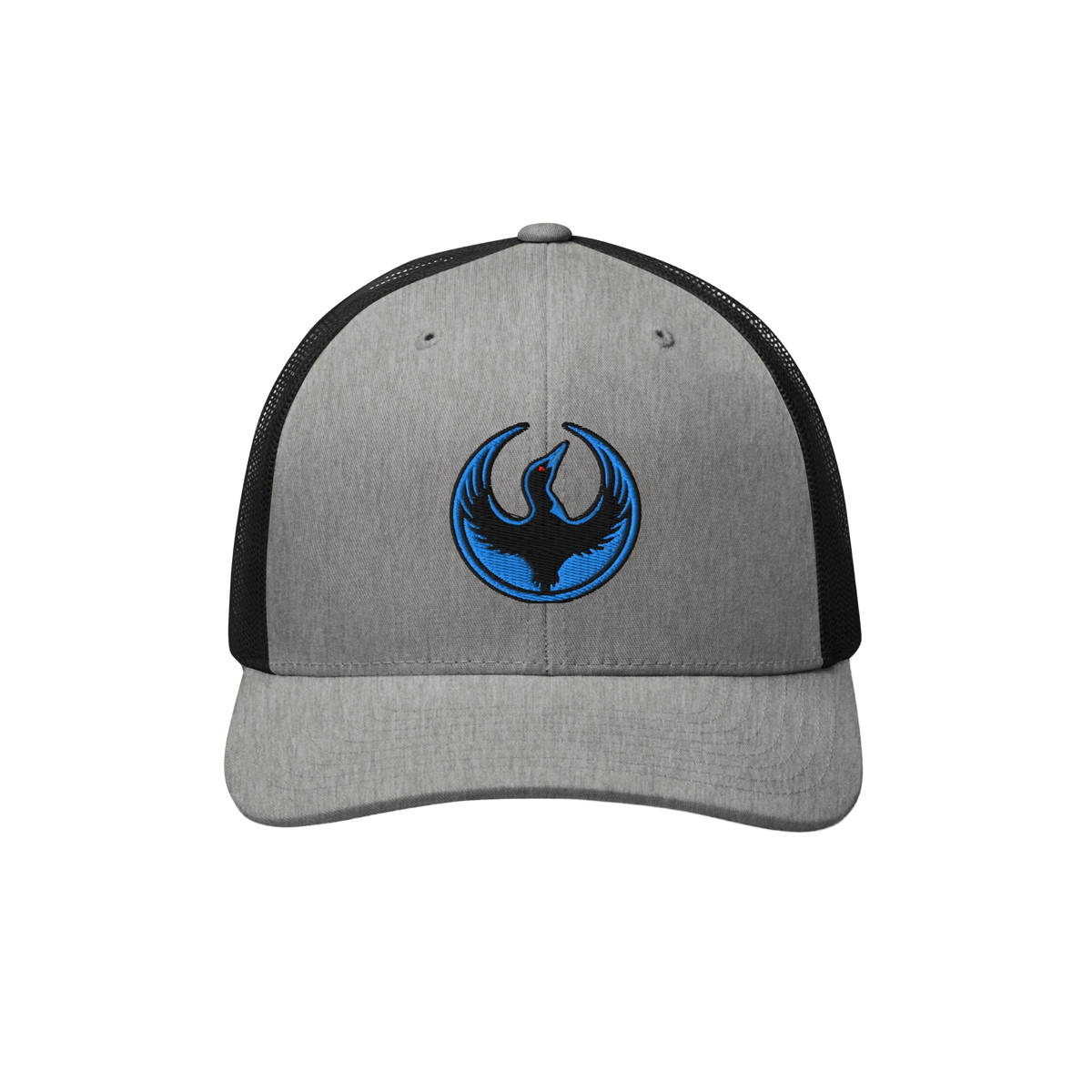 Minnesota Rebel Alliance Hat: gray-and-black trucker cap featuring a stylized phoenix emblem, symbolizing resistance and comm