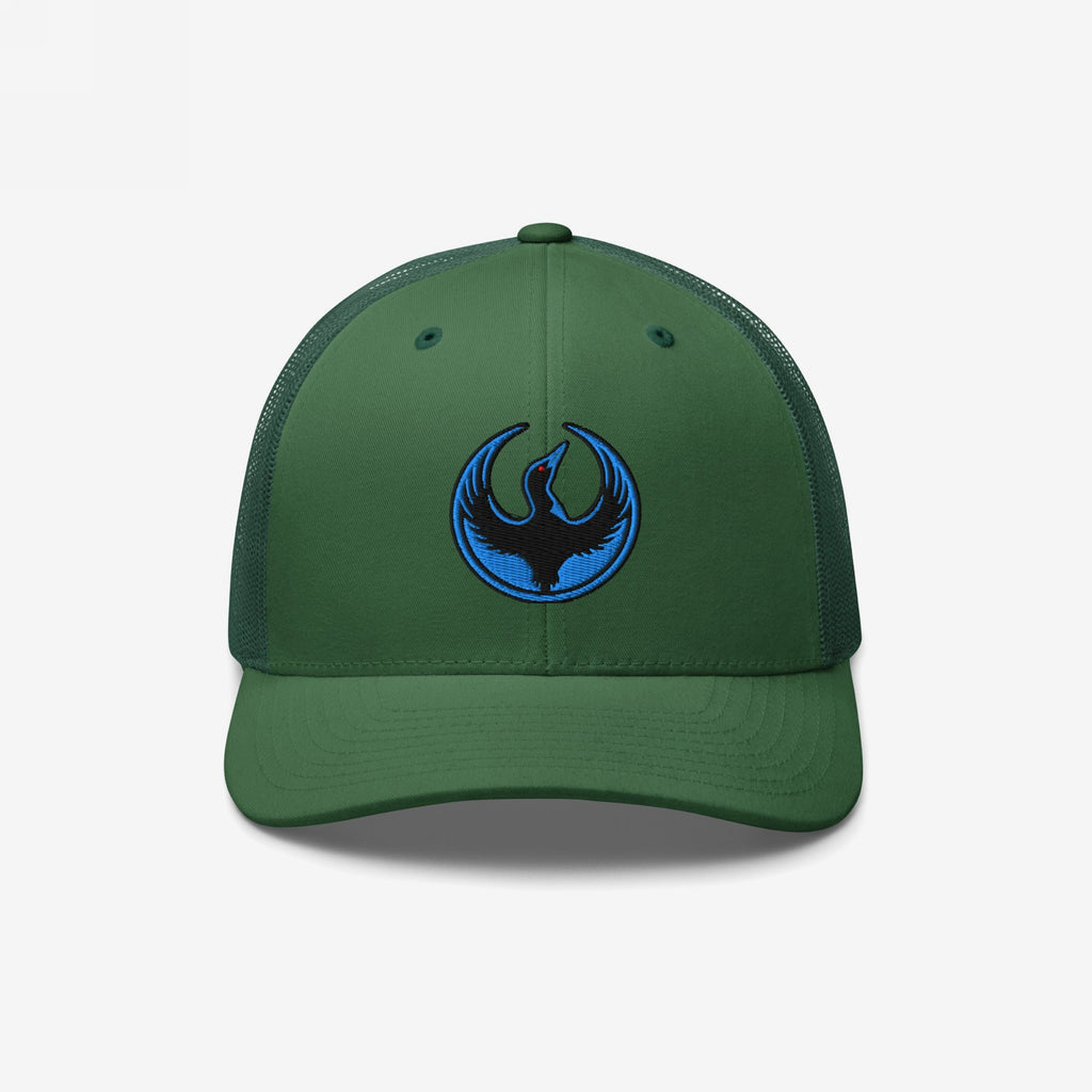Dark-green Minnesota Rebel Alliance Hat with a trucker style, featuring an embroidered phoenix-like bird logo, symbolizing protest and equality. Ideal for rallies and community support.
