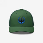 Dark-green Minnesota Rebel Alliance Hat with a trucker style, featuring an embroidered phoenix-like bird logo, symbolizing protest and equality. Ideal for rallies and community support.