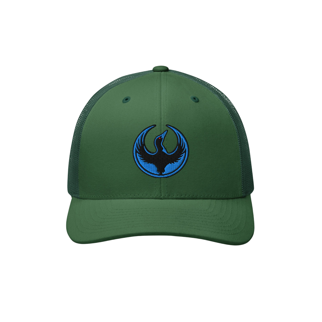 Dark-green Minnesota Rebel Alliance Hat with a trucker style, featuring an embroidered phoenix-like bird logo, symbolizing pr