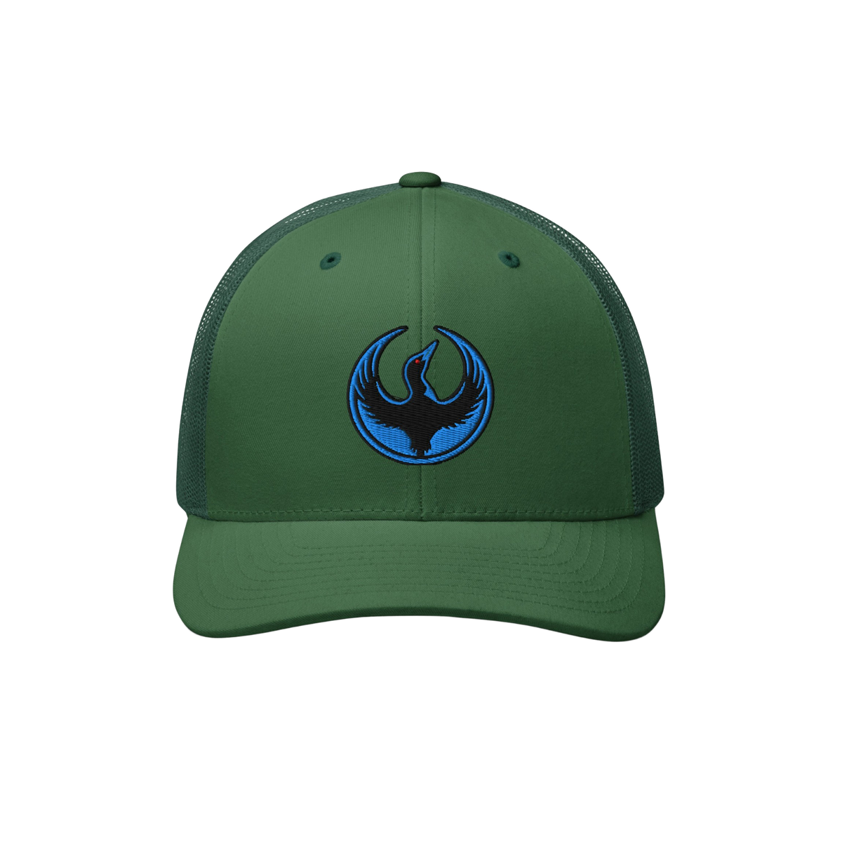 Dark-green Minnesota Rebel Alliance Hat with a trucker style, featuring an embroidered phoenix-like bird logo, symbolizing pr