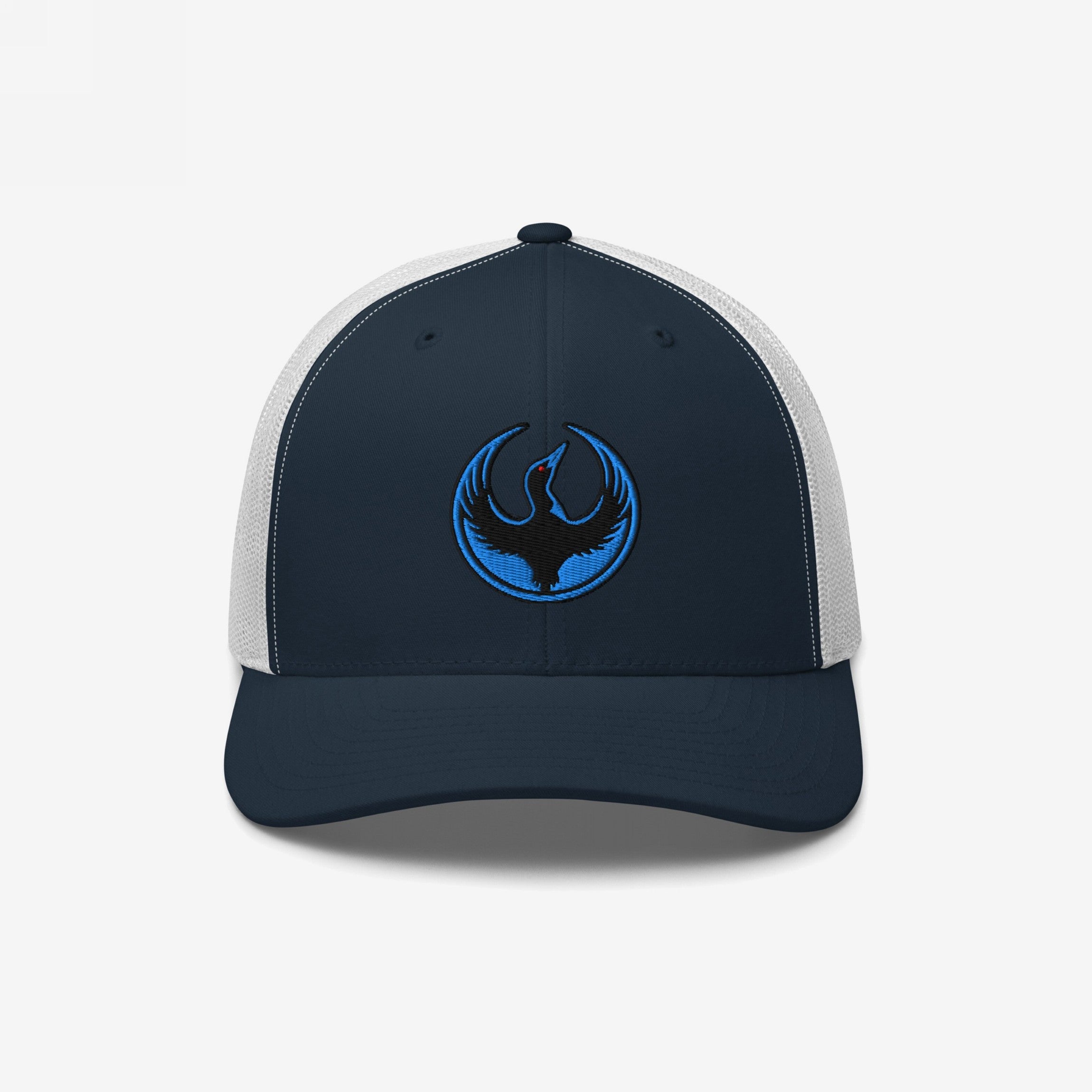 Navy-blue Minnesota Rebel Alliance Hat with white mesh featuring an embroidered blue and black phoenix emblem, symbolizing immigrant rights and equality advocacy.