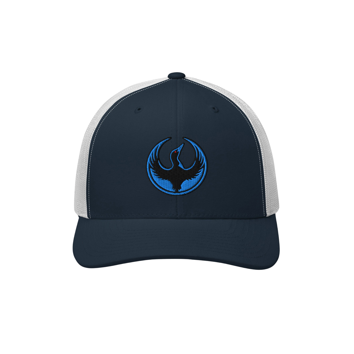 Navy-blue Minnesota Rebel Alliance Hat with white mesh featuring an embroidered blue and black phoenix emblem, symbolizing im