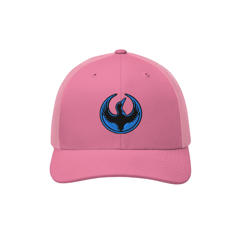 Minnesota Rebel Alliance Hat: a bright pink trucker cap featuring a circular emblem of a stylized phoenix with blue accents, 