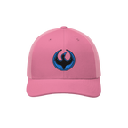 Minnesota Rebel Alliance Hat: a bright pink trucker cap featuring a circular emblem of a stylized phoenix with blue accents, 