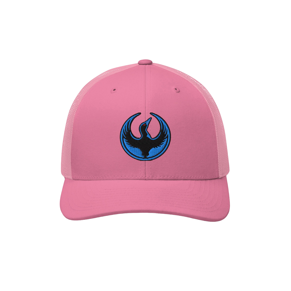 Minnesota Rebel Alliance Hat: a bright pink trucker cap featuring a circular emblem of a stylized phoenix with blue accents, 