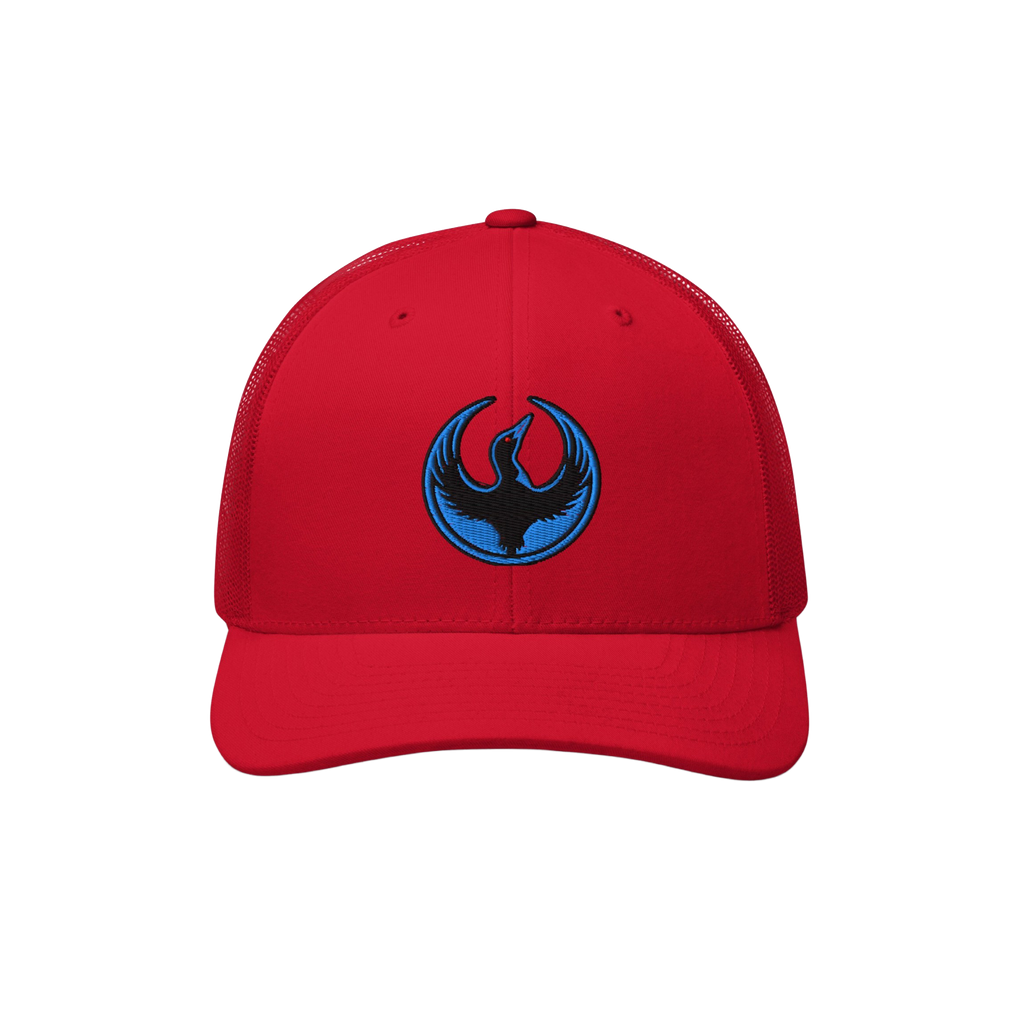 Bright-red Minnesota Rebel Alliance Hat with a mesh back, featuring a front emblem of a stylized bird, symbolizing activism a