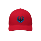 Bright-red Minnesota Rebel Alliance Hat with a mesh back, featuring a front emblem of a stylized bird, symbolizing activism a