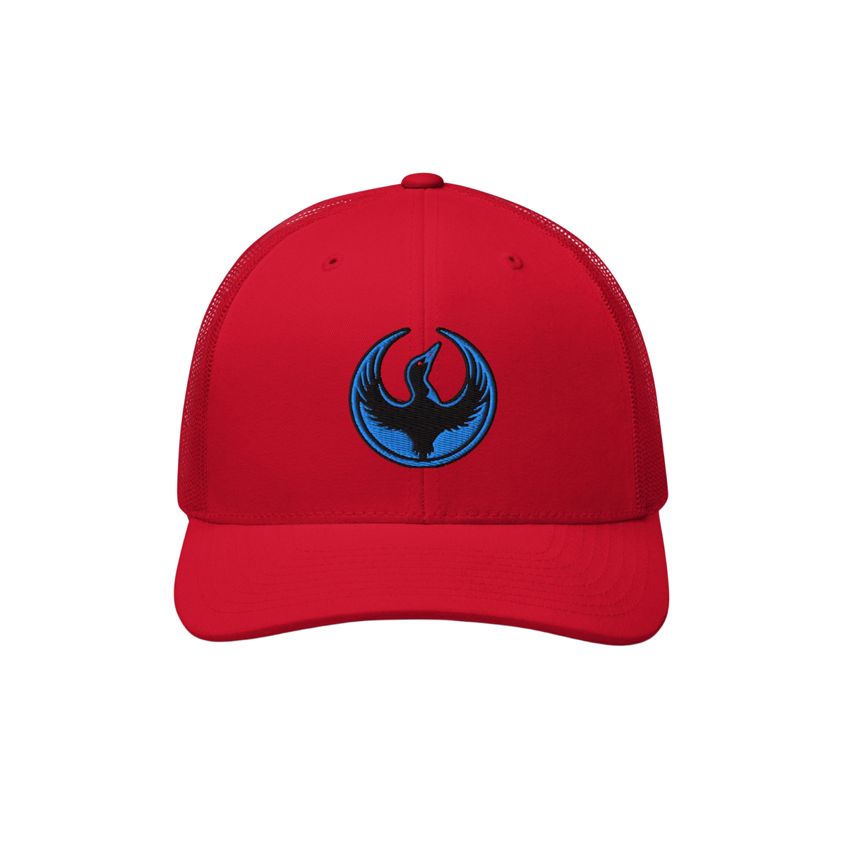 Bright-red Minnesota Rebel Alliance Hat with a mesh back, featuring a front emblem of a stylized bird, symbolizing activism a