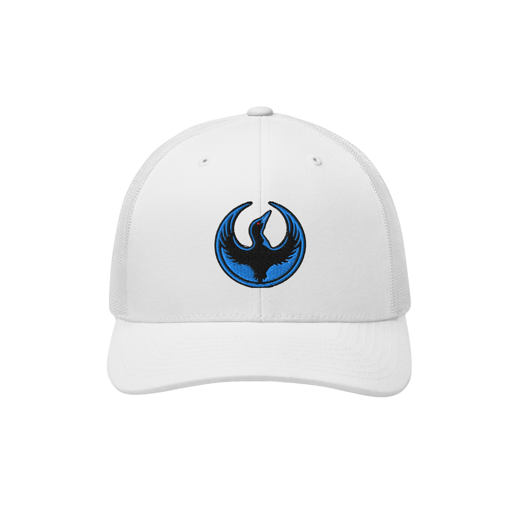 Minnesota Rebel Alliance Hat: A white trucker cap featuring a circular bird emblem in black and blue, symbolizing bold advoca