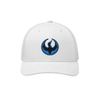 Minnesota Rebel Alliance Hat: A white trucker cap featuring a circular bird emblem in black and blue, symbolizing bold advoca