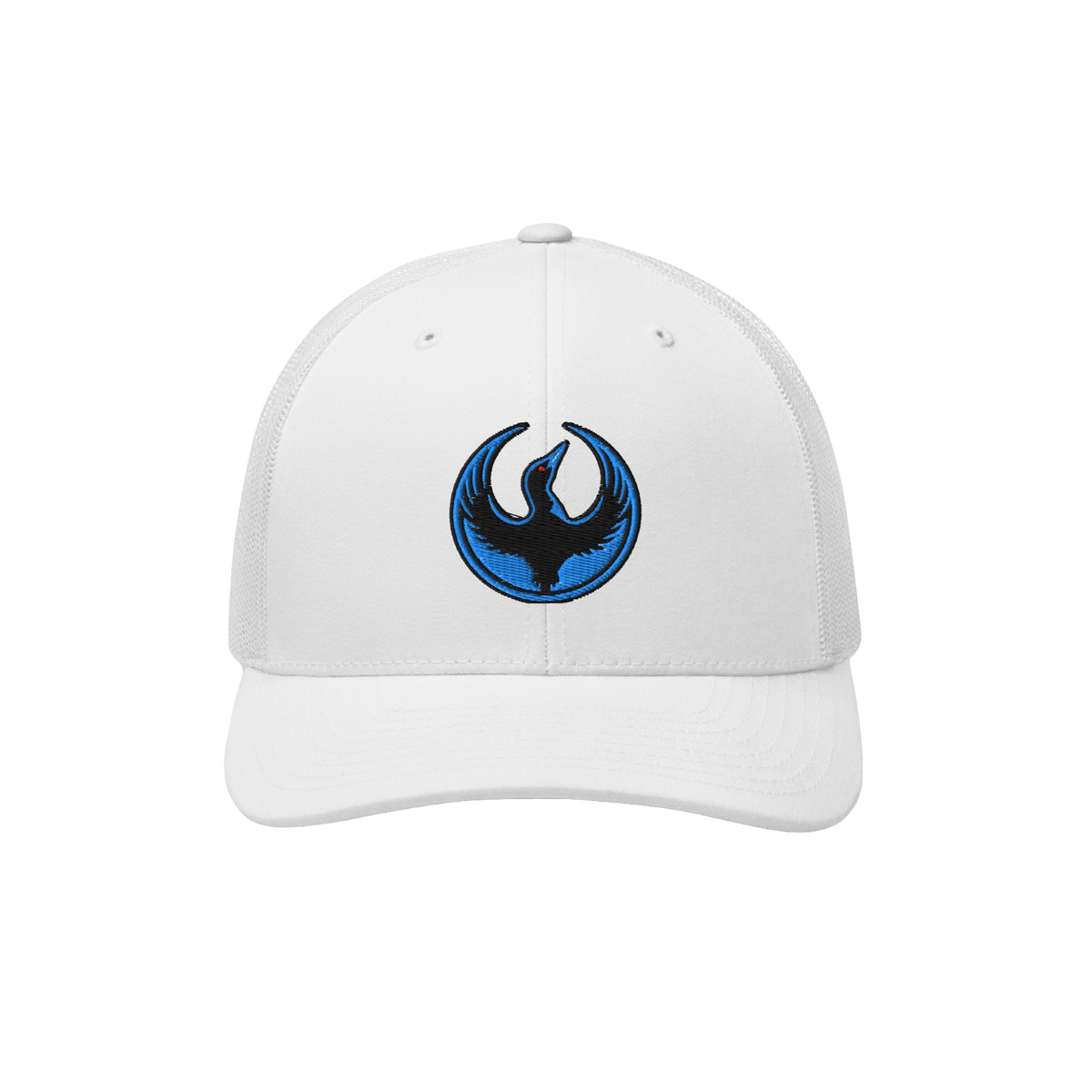 Minnesota Rebel Alliance Hat: A white trucker cap featuring a circular bird emblem in black and blue, symbolizing bold advoca