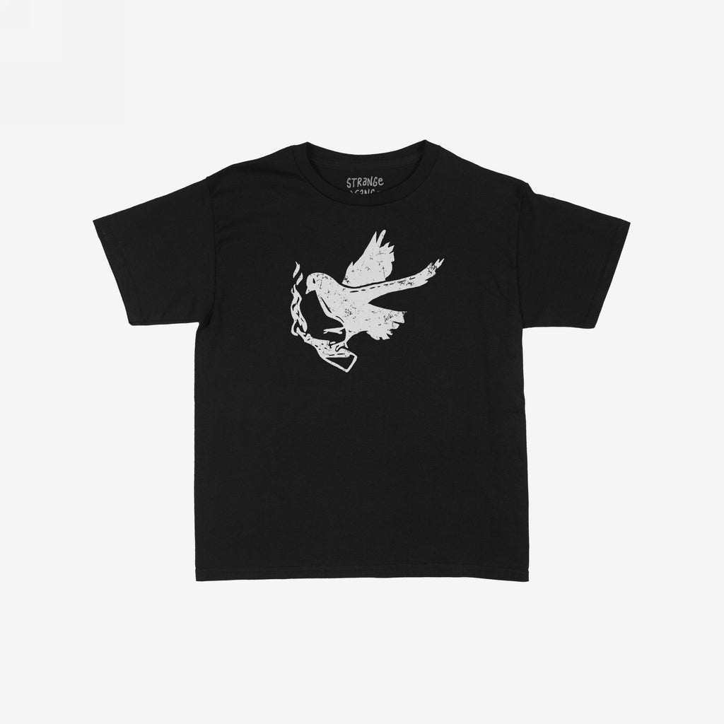 Molotov Messenger Women's Baby Tee: A black cropped tee showcasing a distressed, hand-drawn dove with a Molotov cocktail, embodying protest art and punk defiance. Ideal for making a bold statement.