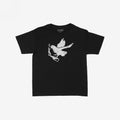 Molotov Messenger Women's Baby Tee: A black cropped tee showcasing a distressed, hand-drawn dove with a Molotov cocktail, embodying protest art and punk defiance. Ideal for making a bold statement.
