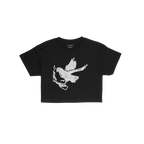 Molotov Messenger Women's Baby Tee: A black cropped tee showcasing a distressed, hand-drawn dove with a Molotov cocktail, emb