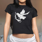 Molotov Messenger Women's Baby Tee featuring a hand-drawn dove with a Molotov cocktail, embodying protest art and punk defiance. Ideal for expressing resistance with style and purpose.