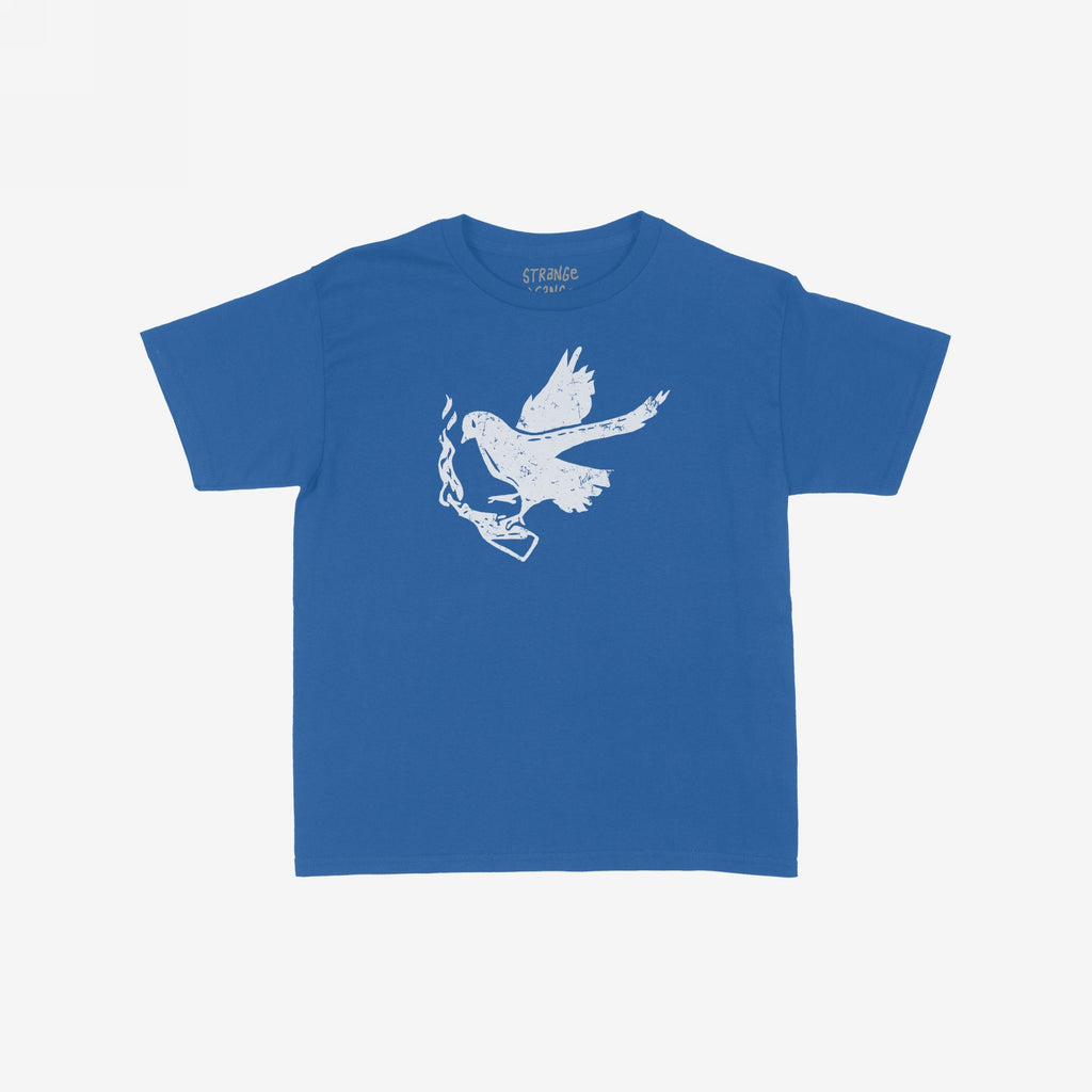Molotov Messenger Women's Baby Tee featuring a distressed dove clutching a smoking pistol graphic, symbolizing defiance and protest. Laid flat, the tee reflects a blend of punk art and radical expression.