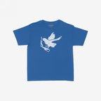 Molotov Messenger Women's Baby Tee featuring a distressed dove clutching a smoking pistol graphic, symbolizing defiance and protest. Laid flat, the tee reflects a blend of punk art and radical expression.