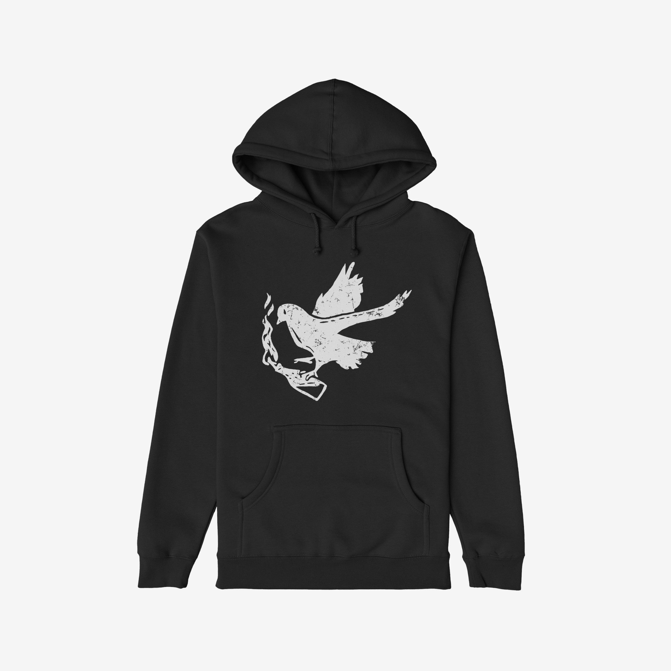 Molotov Messenger Shirt: Black hoodie featuring a distressed white graphic of a flying dove clutching a Molotov cocktail, symbolizing defiant peace. Ideal for activists seeking style with a rebellious edge.