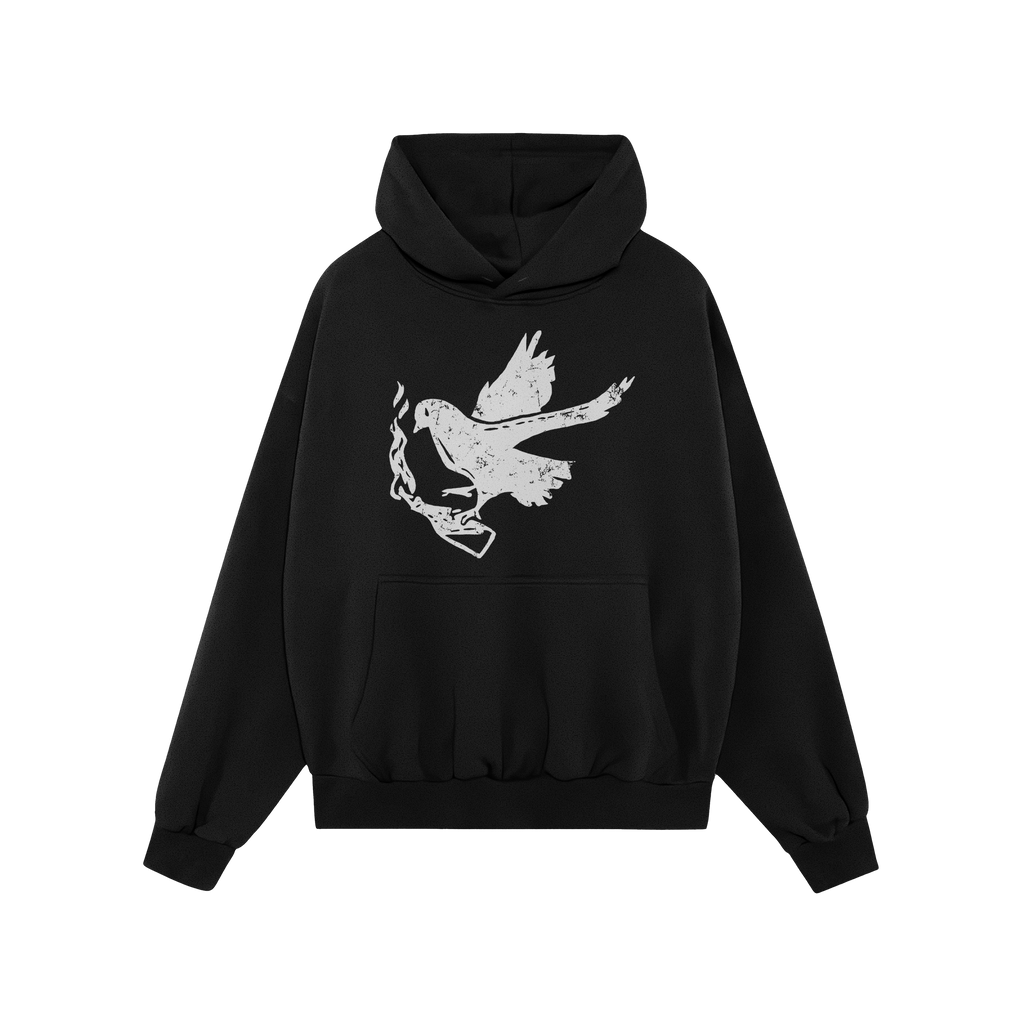 Molotov Messenger Shirt: Black hoodie featuring a distressed white graphic of a flying dove clutching a Molotov cocktail, sym