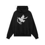 Molotov Messenger Shirt: Black hoodie featuring a distressed white graphic of a flying dove clutching a Molotov cocktail, sym