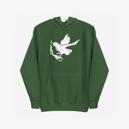 Molotov Messenger Hoodie features a distressed white bird with a flaming lighter, symbolizing power and protest. Perfect for those who embrace bold statements and support equality and social justice.