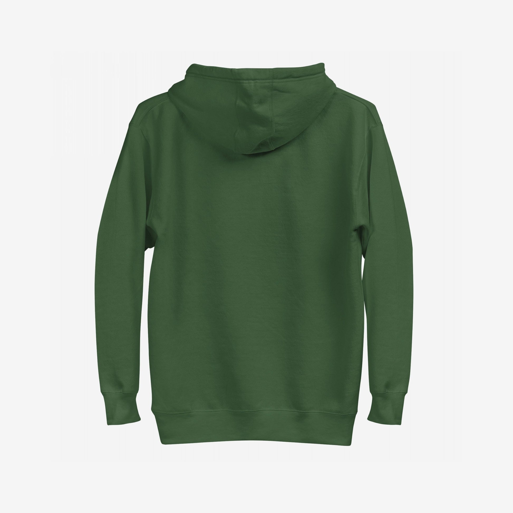 Back view of the plain, dark-green Molotov Messenger Hoodie with a hood and ribbed cuffs, exemplifying rebellious, protest-inspired fashion without visible logos, embodying subversive peace and power themes.