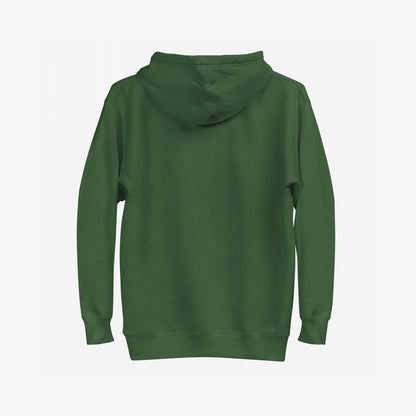 Back view of the plain, dark-green Molotov Messenger Hoodie with a hood and ribbed cuffs, exemplifying rebellious, protest-inspired fashion without visible logos, embodying subversive peace and power themes.