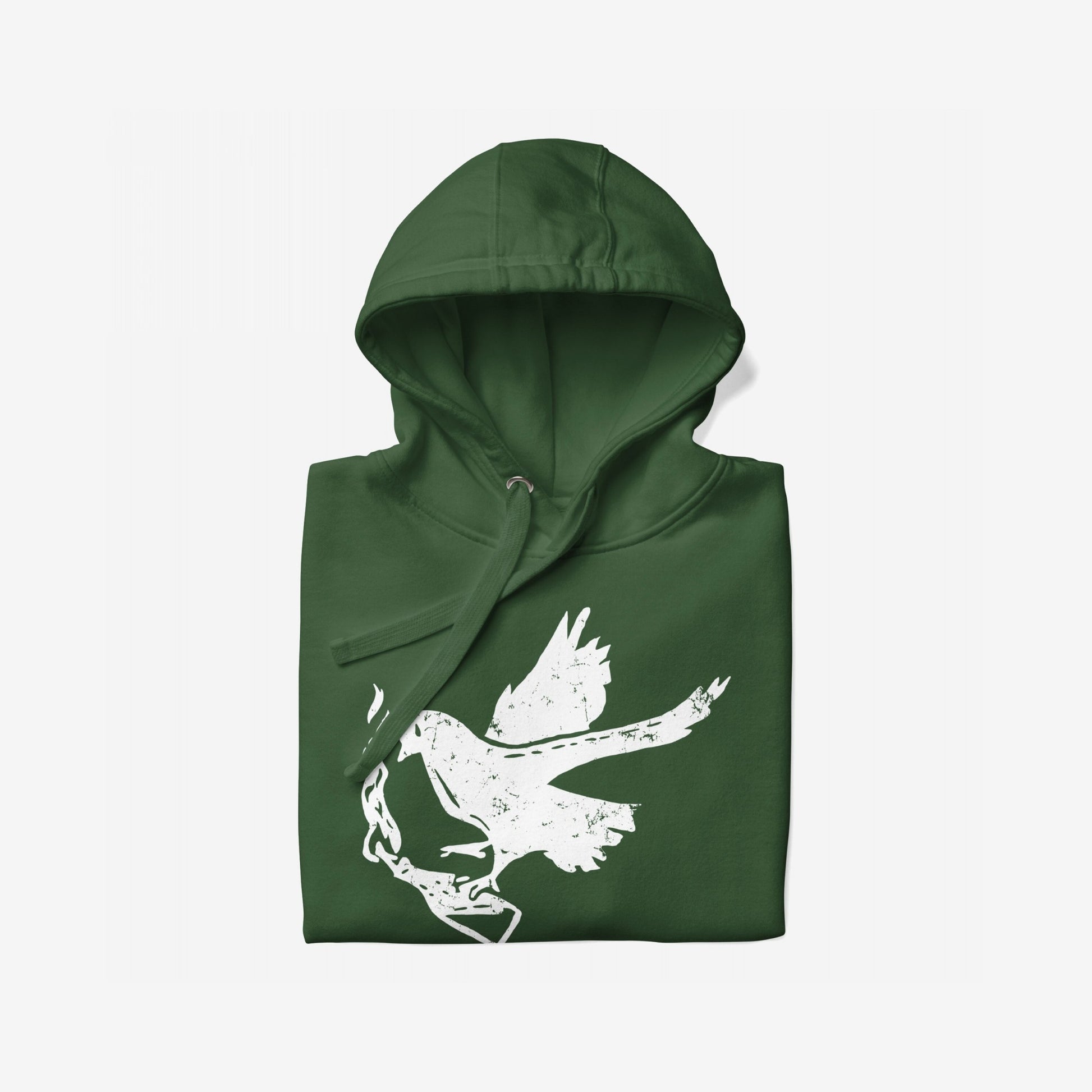 Molotov Messenger Hoodie & Sweatshirt features a dark-green hoodie with a white distressed bird silhouette, holding a Molotov cocktail, symbolizing peace and power. Perfect for making a statement.
