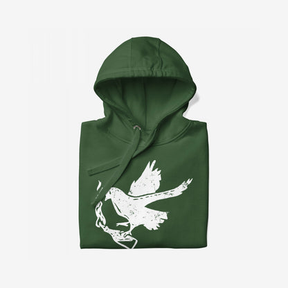 Molotov Messenger Hoodie & Sweatshirt features a dark-green hoodie with a white distressed bird silhouette, holding a Molotov cocktail, symbolizing peace and power. Perfect for making a statement.