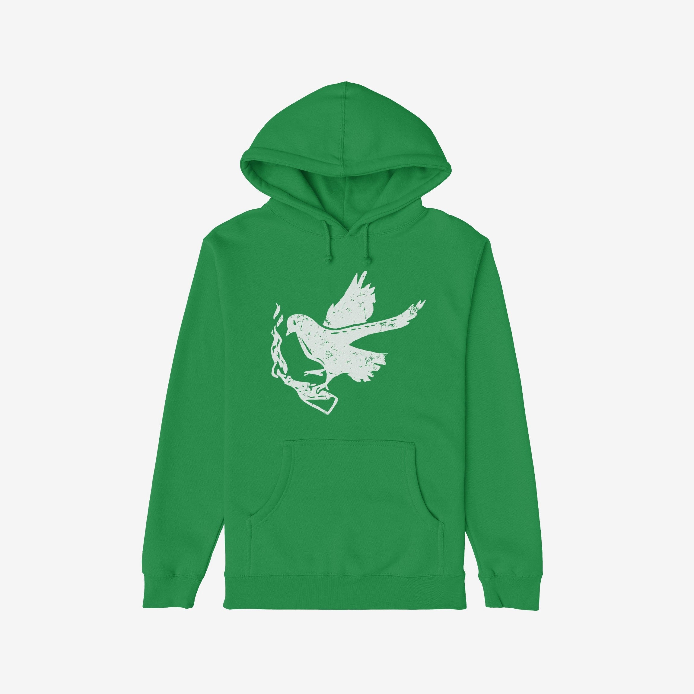 Molotov Messenger Shirt: Green hoodie featuring a distressed white dove carrying a Molotov-style bottle, symbolizing defiant peace. Ideal for activists, rallies, and expressing rebellious spirit through bold, empowering imagery.