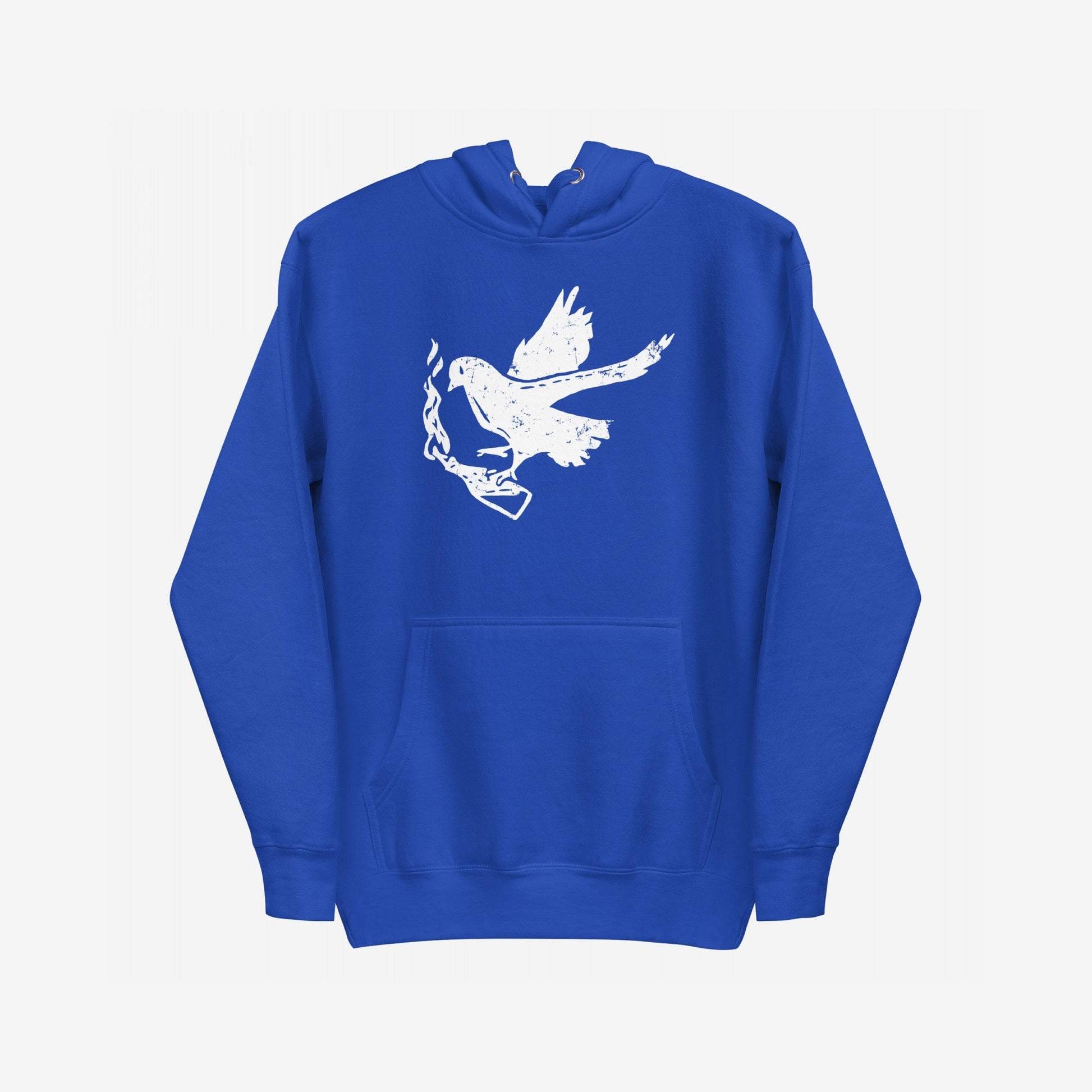 Molotov Messenger Hoodie: A royal-blue pullover featuring a distressed white graphic of a dove clutching a flaming Molotov cocktail, symbolizing powerful protest and subversion. Perfect for making a bold statement.