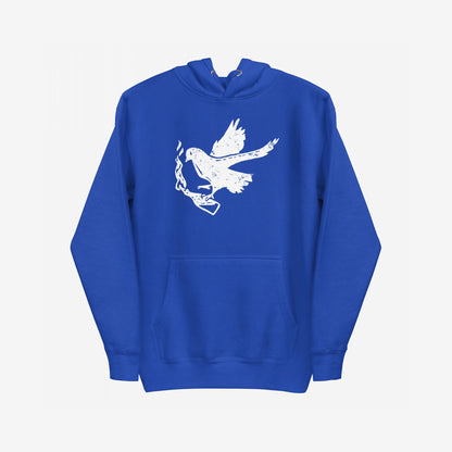 Molotov Messenger Hoodie: A royal-blue pullover featuring a distressed white graphic of a dove clutching a flaming Molotov cocktail, symbolizing powerful protest and subversion. Perfect for making a bold statement.